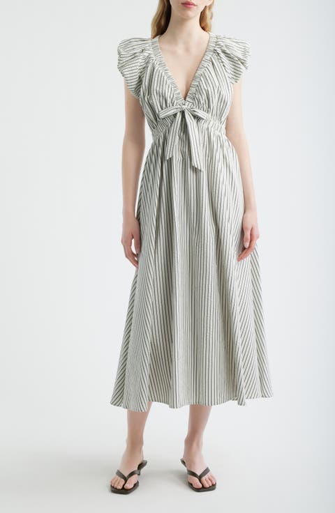 Stripe Plunge Neck Cotton Dress