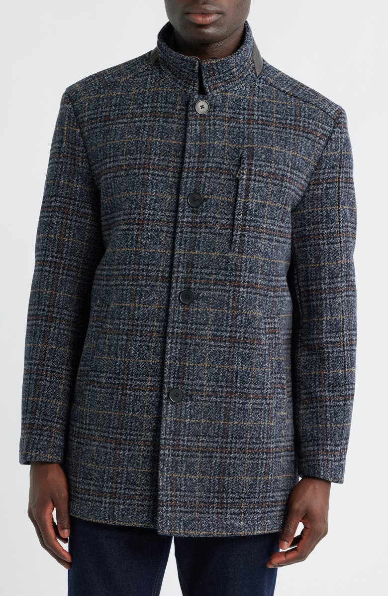 Johnston & Murphy Upton Plaid Wool Blend Car Coat with Removable Bib, Alternate, color, Navy/ Brown Plaid