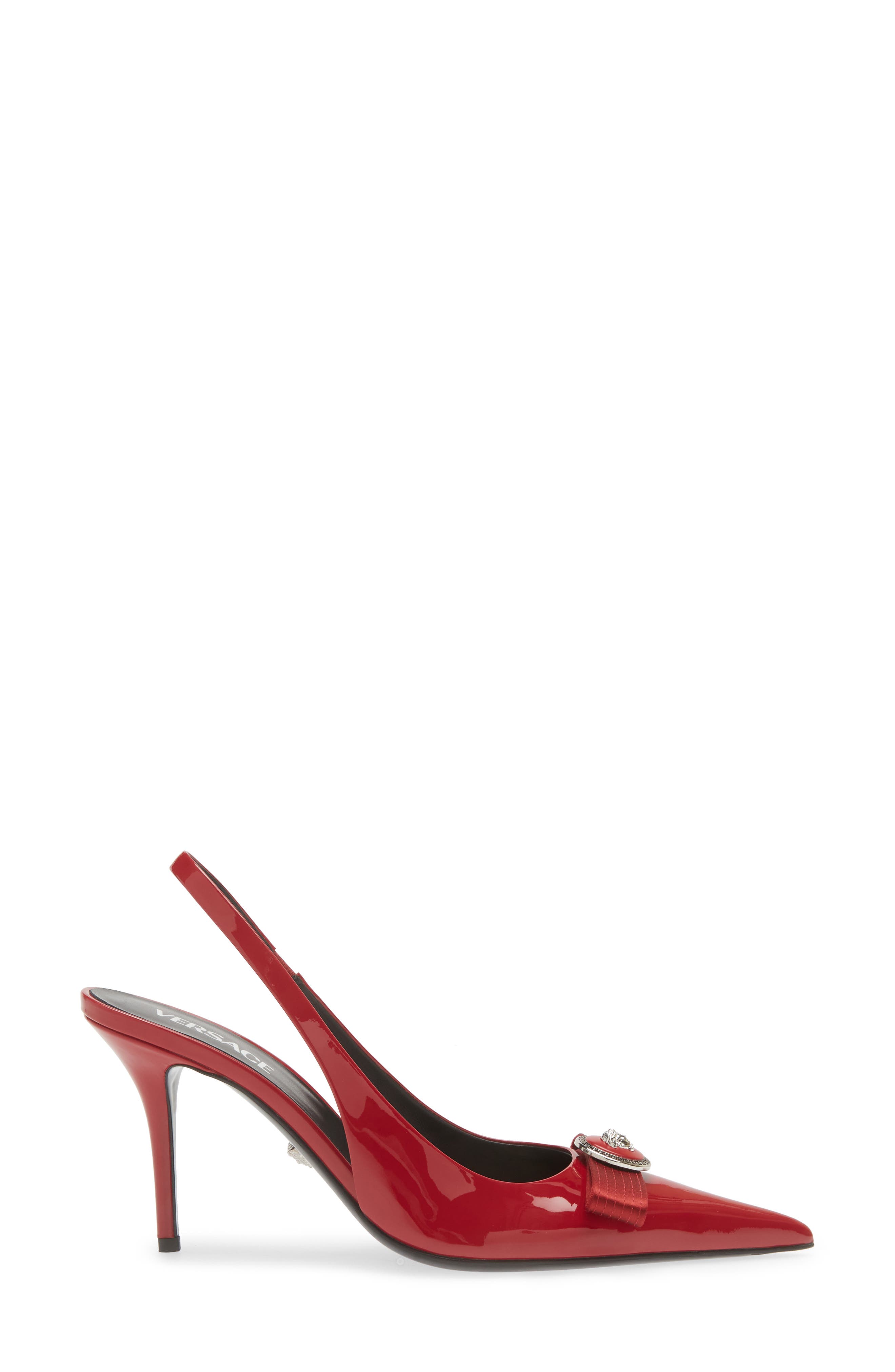 Versace Medusa Bow Pointed Toe Slingback Pump, Alternate, color, Lipstick Red-Palladium