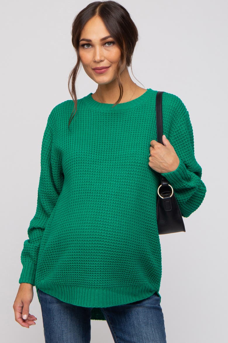 Waffle Knit Rounded Hem Sweater, Main, color, Emerald Green
