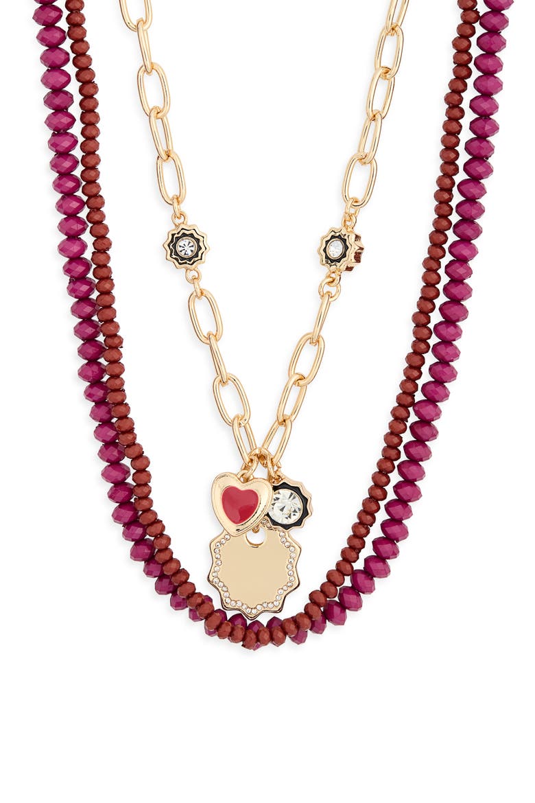 Layered Bead and Charm Necklace, Main, color, BURGUNDY MULTI- GOLD