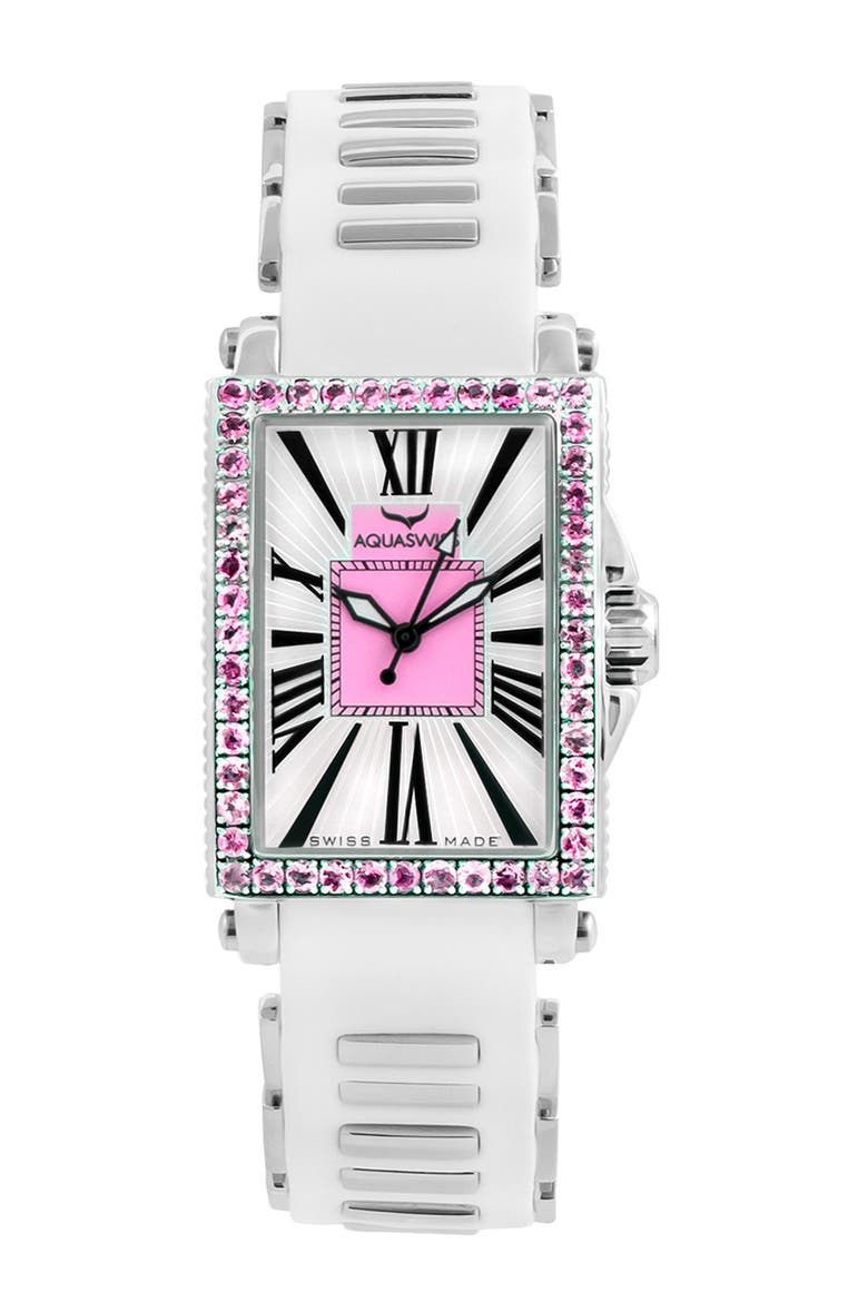 Kelly Rectangle Silicone Strap Watch, 44.5mm, Main, color, WHITE-PINK