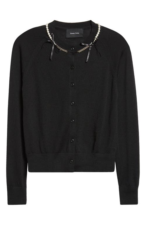 Simone Rocha Classic Long Sleeve Merino Wool & Silk Cardigan With Faux Pearl Detail In Black
