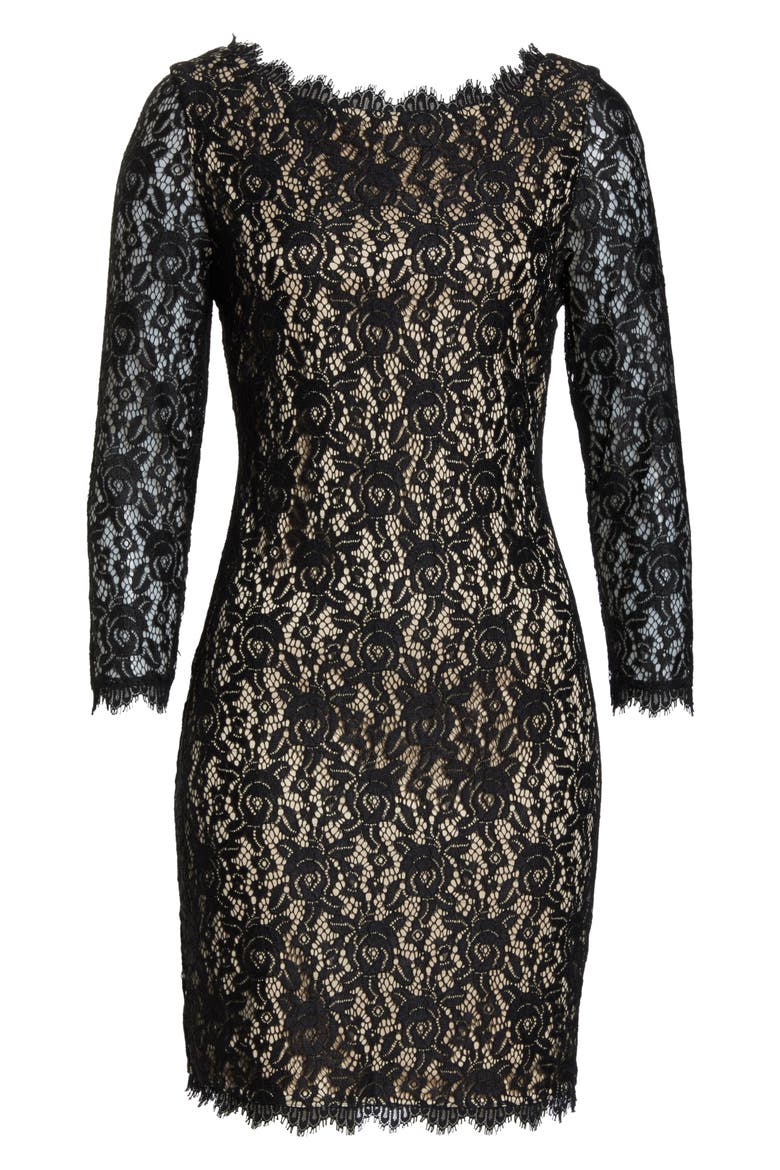 Long Sleeve Lace Cocktail Dress, Alternate, color, BLACK/ NUDE