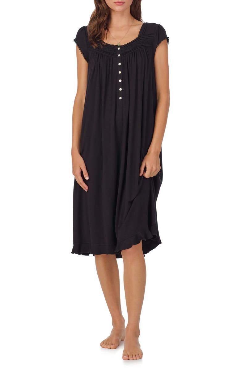 Eileen West Floral Cap Sleeve Jersey Nightgown, Main, color, Black