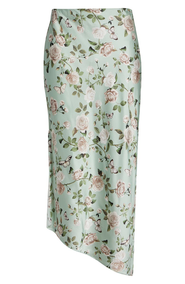 Alice + Olivia Maeve Mixed Print Asymmetric Satin Slip Skirt, Main, color, Garden Gossip Light Sage