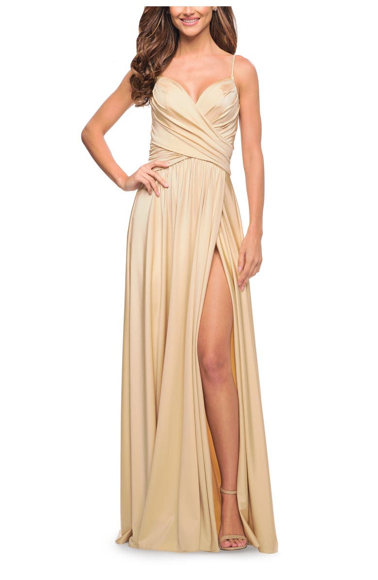 La Femme Elegant Criss-Cross Ruched Bodice Jersey Dress, Main, color, Light Gold