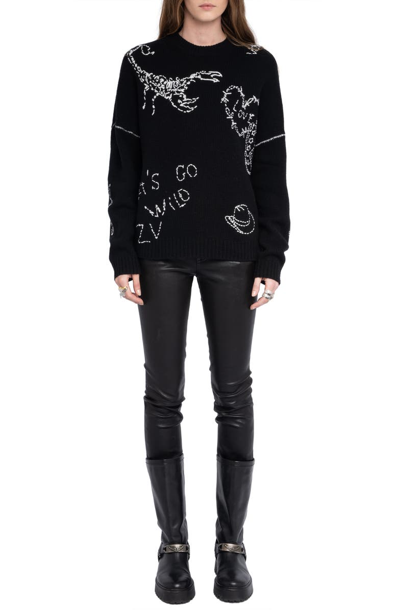 Zadig & Voltaire Baba Embroidered Detail Merino Wool Sweater, Alternate, color, Black