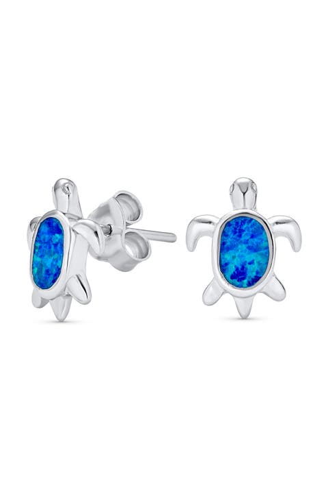 Nautical Blue Opal Sea Turtle Stud Earrings