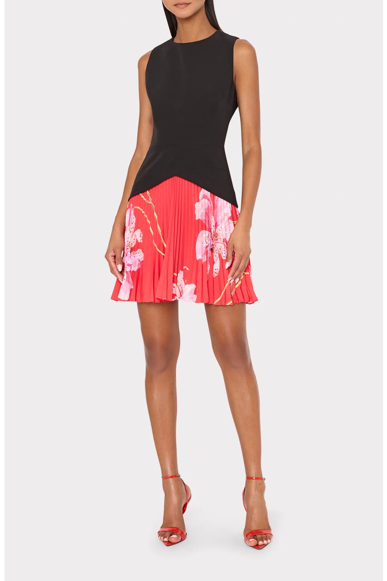 Haddy Floral Pleated Minidress, Main, color, BLACK/ RED MULTI