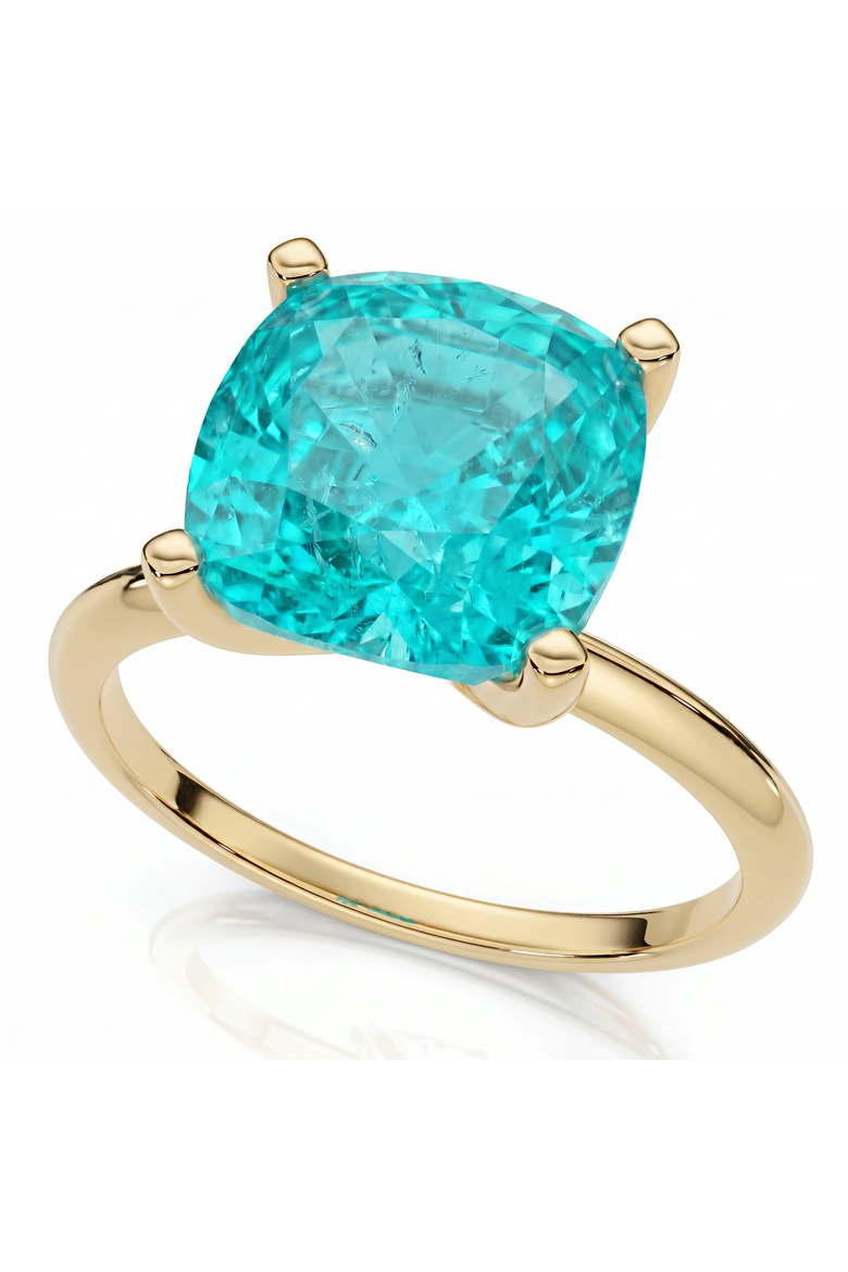 6 1/2Ct Cushion Paraíba Solitaire Ring 14k Gold Lab Grown 10MM, Main, color, 14k Yellow Gold