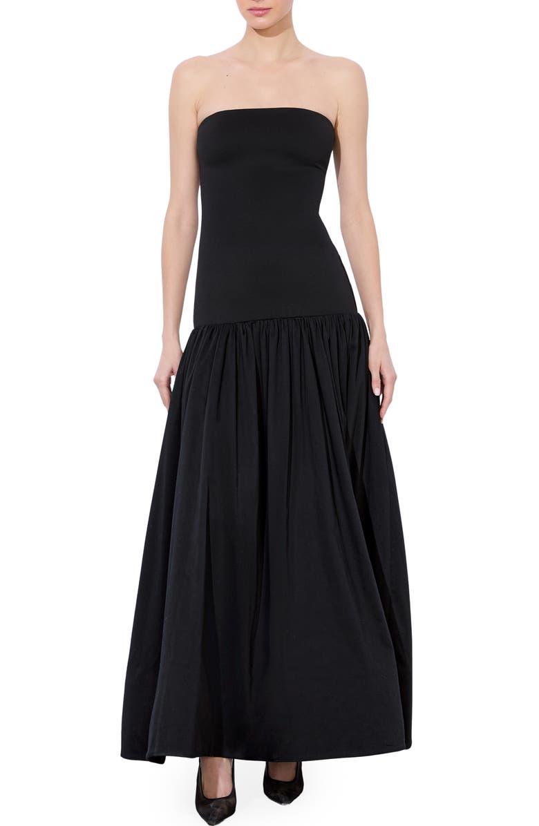 Alice + Olivia Oriana Strapless Mixed Media Maxi Dress, Main, color, Black