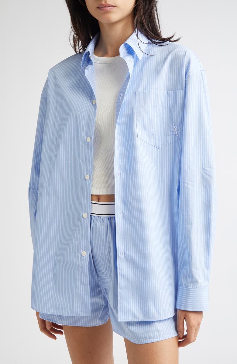Sporty & Rich SRC Stripe Oversize Cotton Poplin Button-Up Shirt, Alternate, color, Light Blue Striped