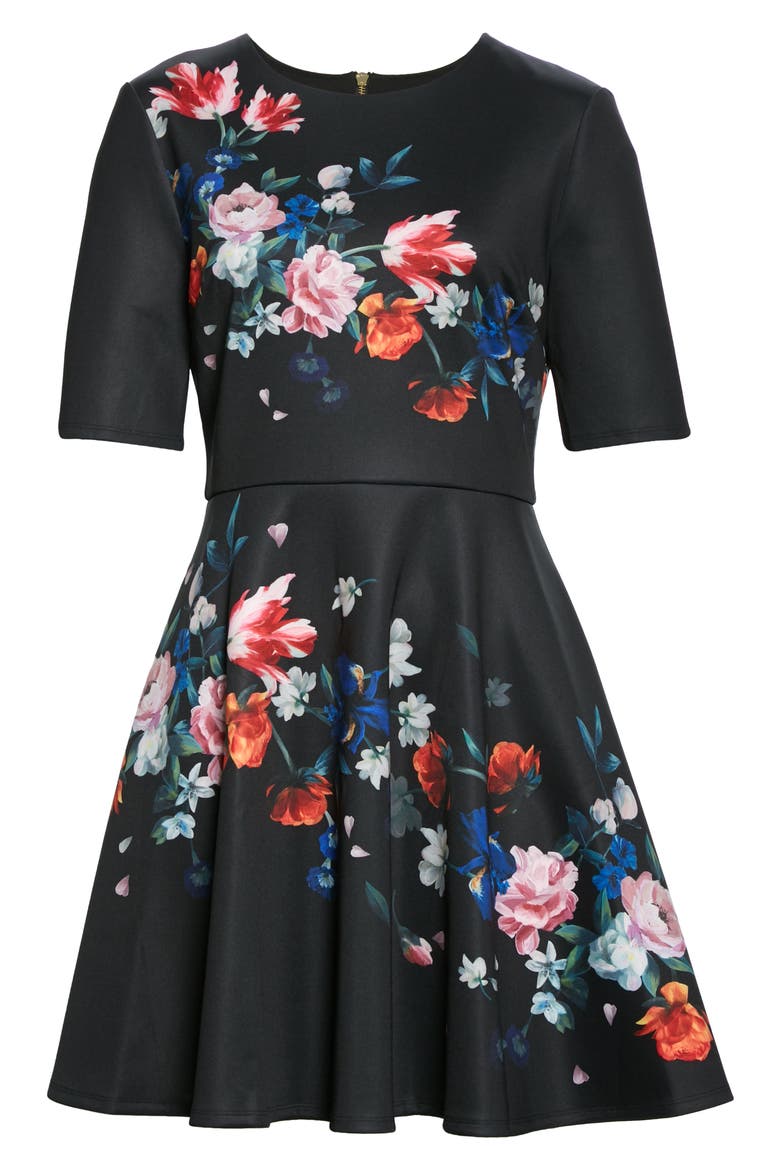 Zalena Floral Fit & Flare Dress, Alternate, color, BLACK