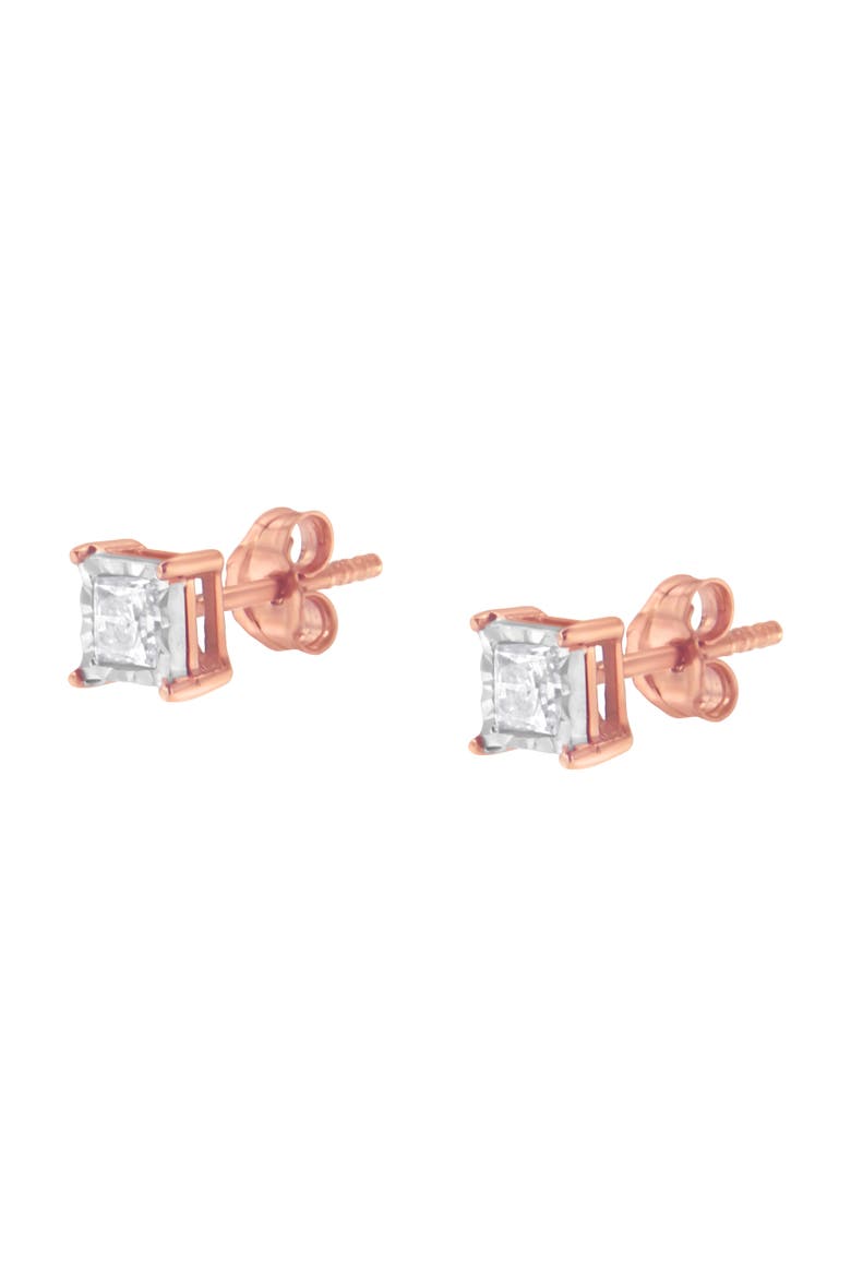 14K Rose Gold Plated Silver 1/2 Ct Princess Diamond Solitaire Stud Earrings, Alternate, color, White