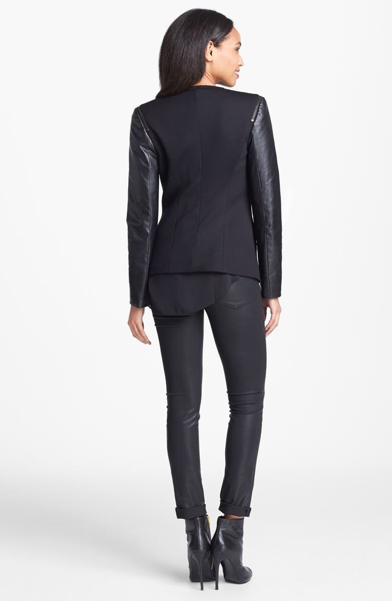 Vince Camuto Collarless Faux Leather Sleeve Jacket, Alternate, color, 