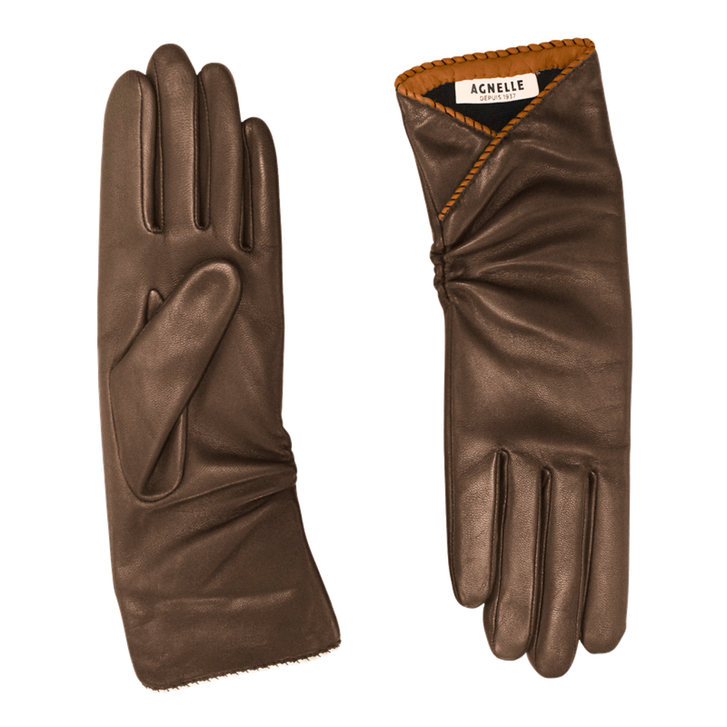 Agnelle Beatrice Lambskin Gathered Gloves In Brown