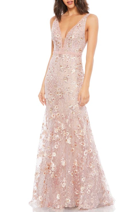 Floral Embellished Sleeveless Plunge Neck Gown