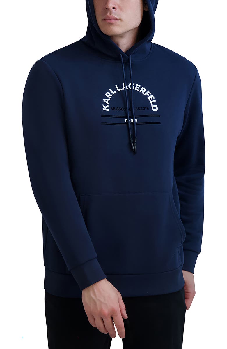 KARL LAGERFELD PARIS Latitude/Longitude Flocked Logo Hoodie, Alternate, color,