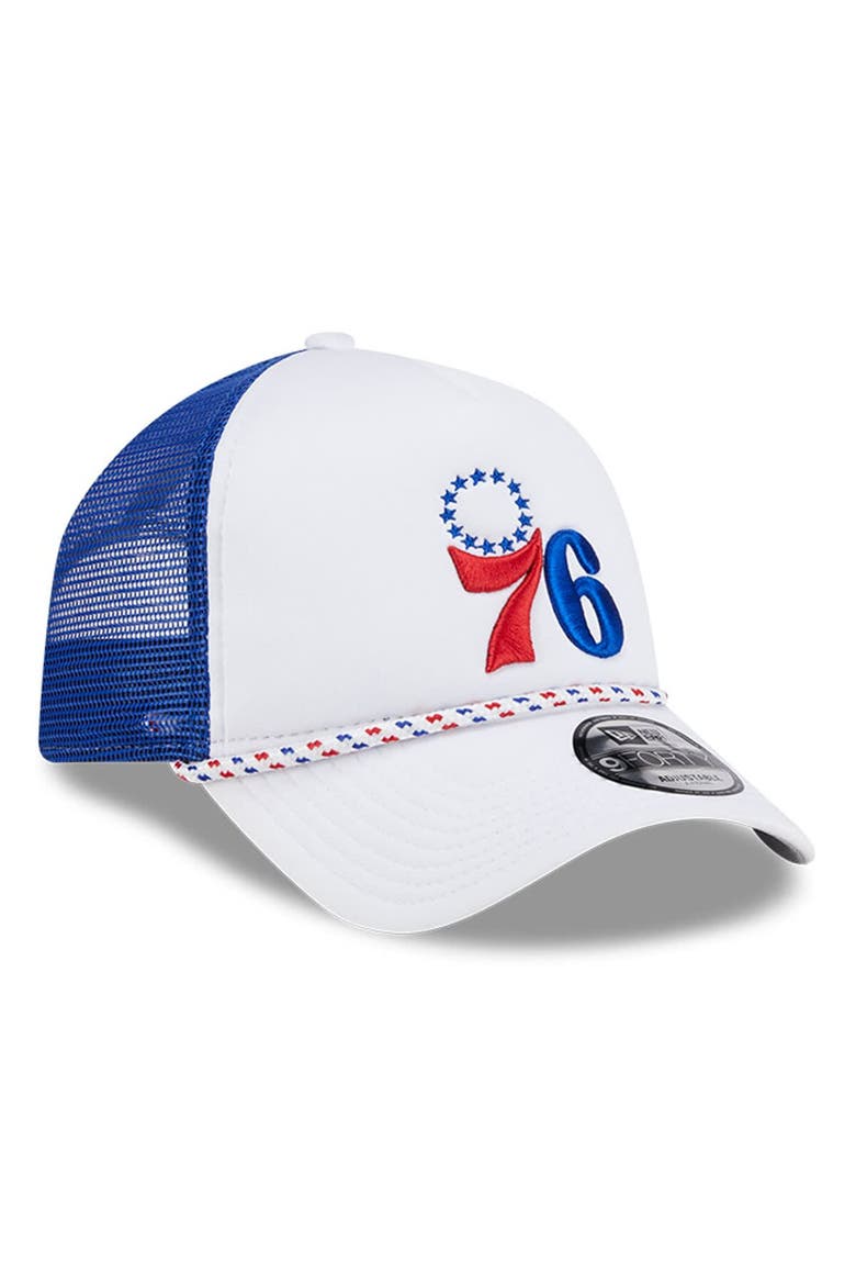 Men's New Era White/Royal Philadelphia 76ers Court Sport Foam A-Frame 9FORTY Adjustable Trucker Hat, Alternate, color, White