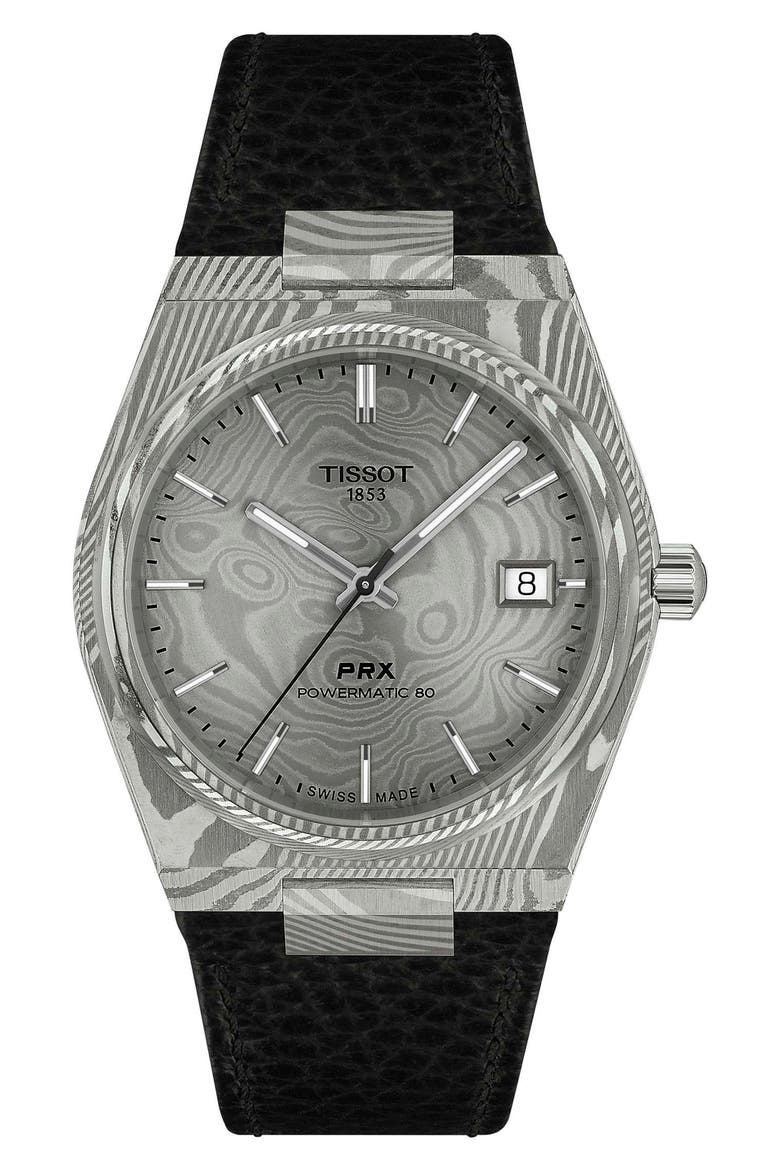 PRX Powermatic 80 Damascus Steel Leather Strap Watch, 38mm, Main, color, GREY