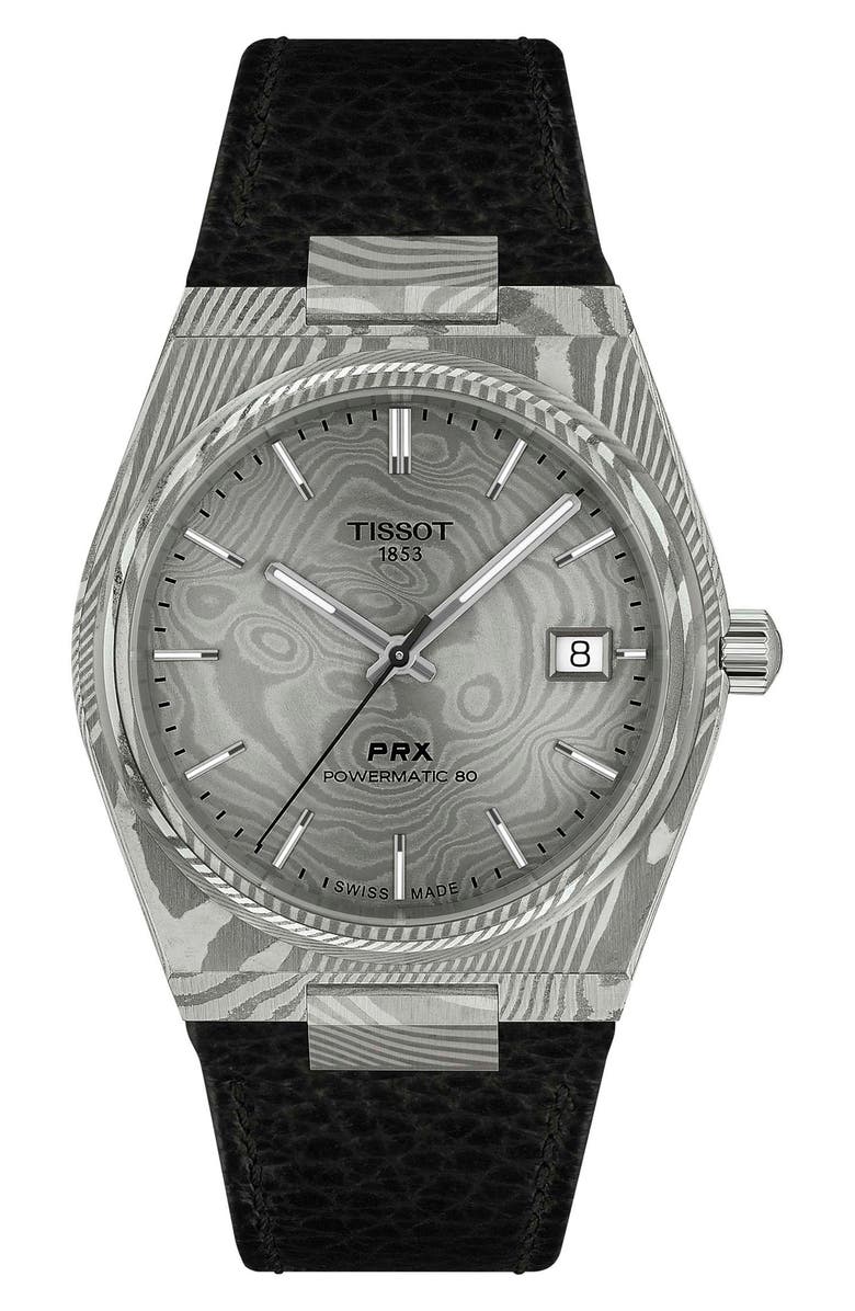 Tissot PRX Powermatic 80 Damascus Steel Leather Strap Watch, 38mm, Main, color, Grey