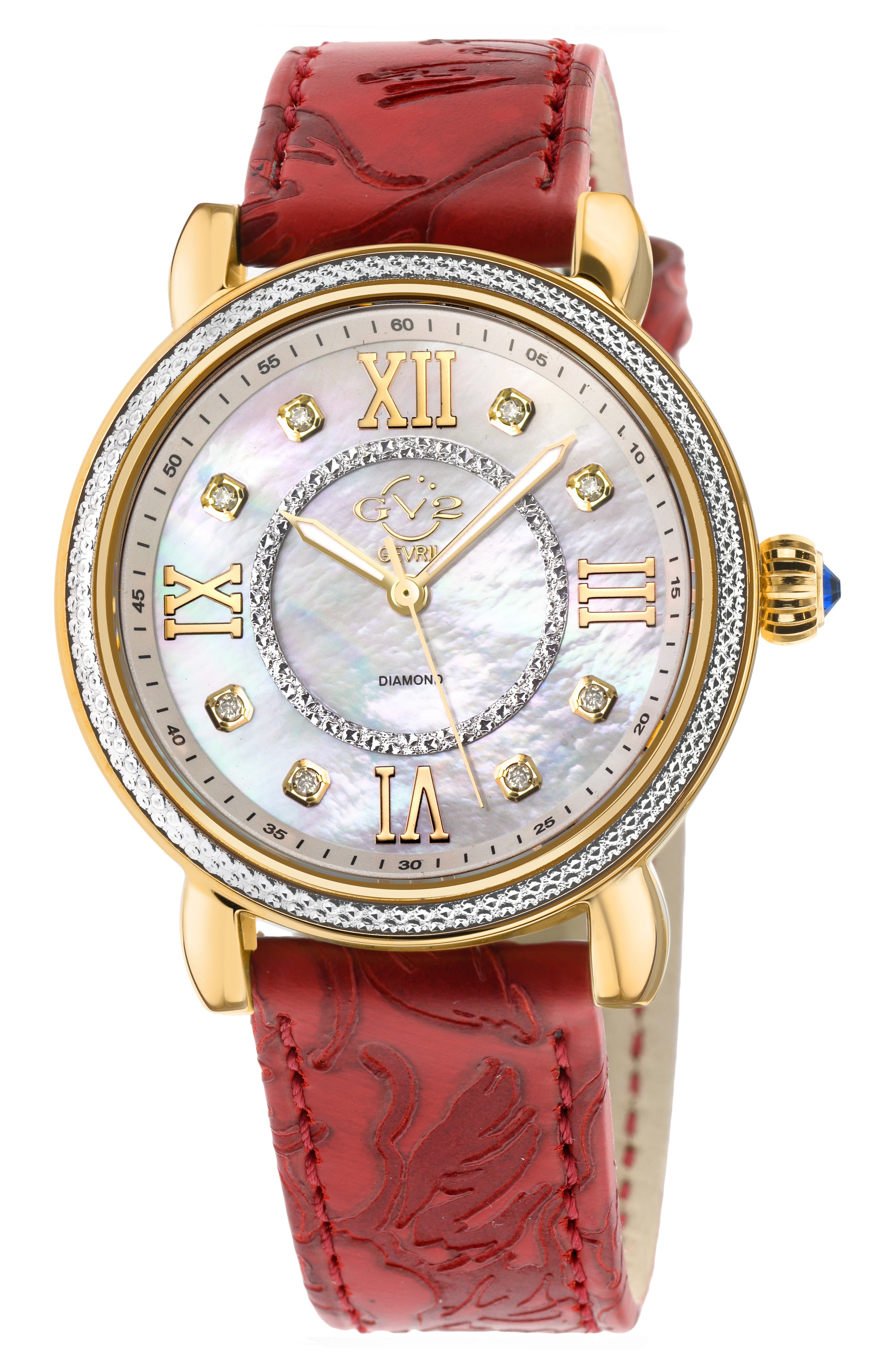 GV2 Women's Marsala Diamond Dial Leather Strap Watch, 37mm