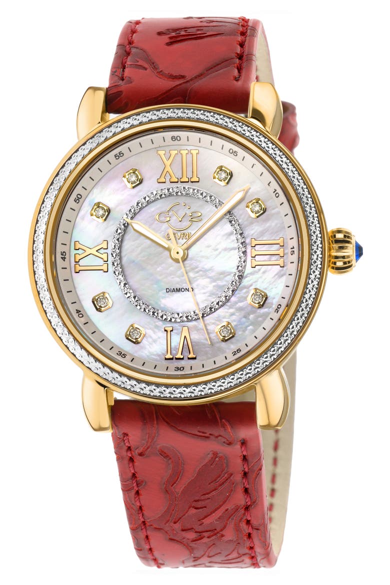 Women's Marsala Diamond Dial Leather Strap Watch, 37mm, Main, color, RED