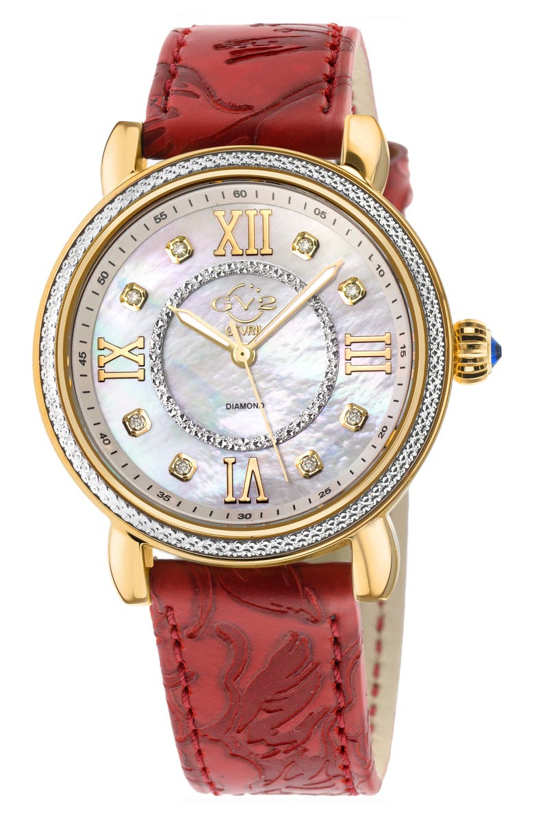 GV2 Women's Marsala Diamond Dial Leather Strap Watch, 37mm, Main, color, Red