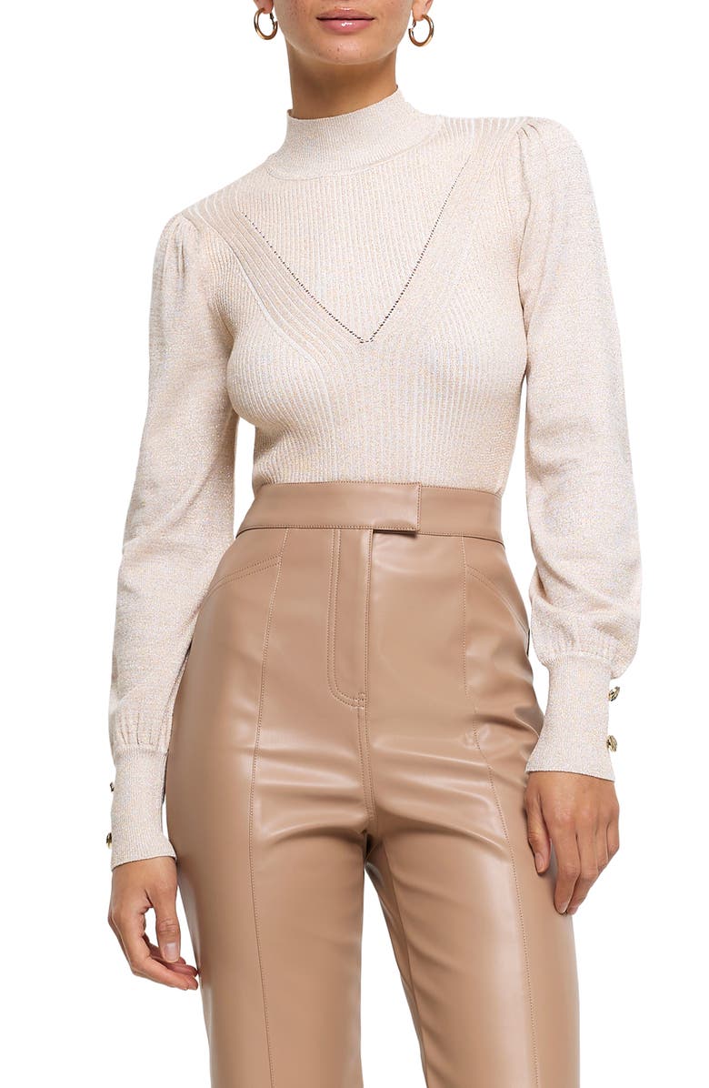 River Island Balloon Sleeve Metallic Rib Sweater, Main, color, 