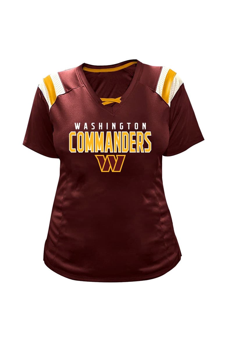 Women's Fanatics Jayden Daniels Burgundy Washington Commanders Plus Size Name & Number Raglan Lace V-Neck T-Shirt, Alternate, color, Burgundy