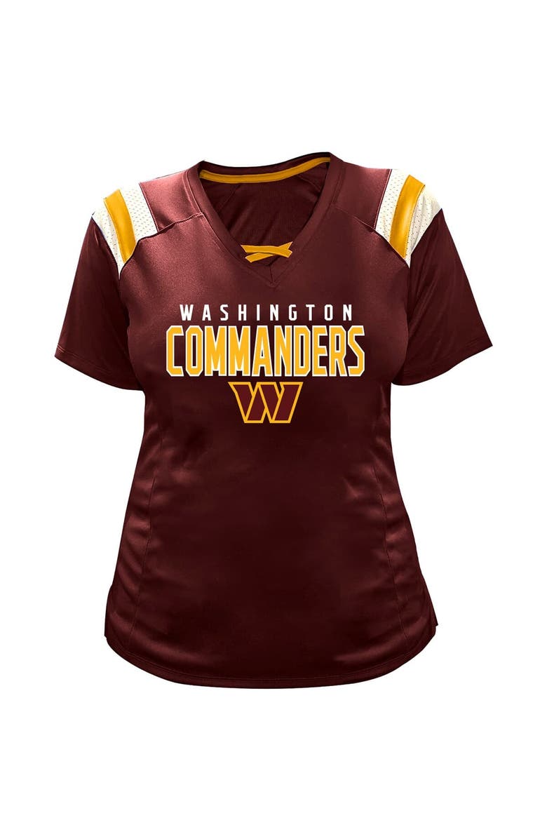 FANATICS Women's Fanatics Jayden Daniels Burgundy Washington Commanders Plus Size Name & Number Raglan Lace V-Neck T-Shirt, Alternate, color, Burgundy