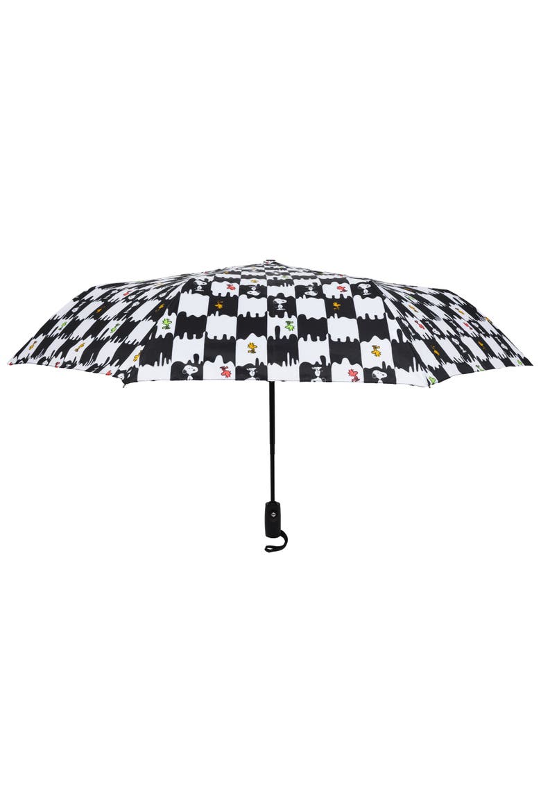 Snoopy and Woodstock Checkerboard Automatic Umbrella Black and White, Main, color, WHITE BLACK
