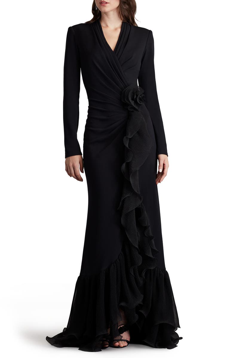 Tadashi Shoji Side Ruffle Long Sleeve High-Low Gown, Main, color,
