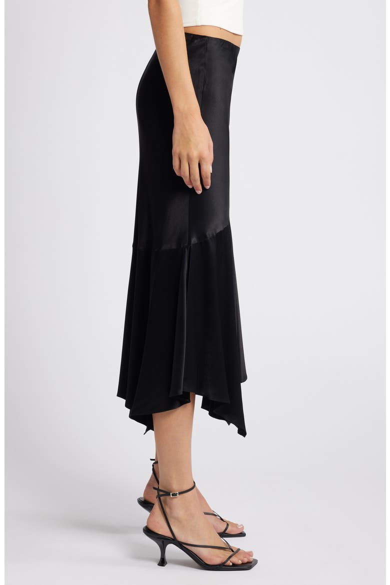 Edwina Asymmetric Satin Midi Skirt, Alternate, color, BLACK
