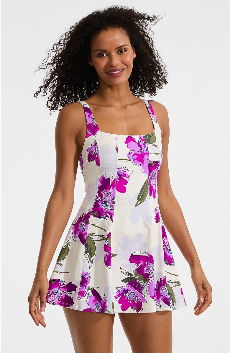 Lands' End Square Neck Corset Seamed Swim Dress, Main, color, Egret/Berry Etched Floral