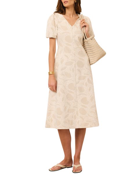Jacquard Puff Sleeve Midi Dress