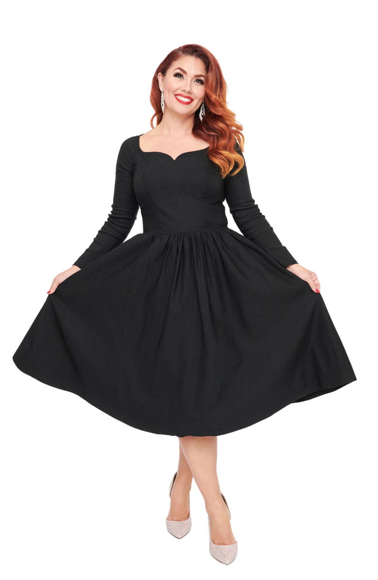 Unique Vintage Sweetheart Long Sleeve Swing Dress, Main, color, Black