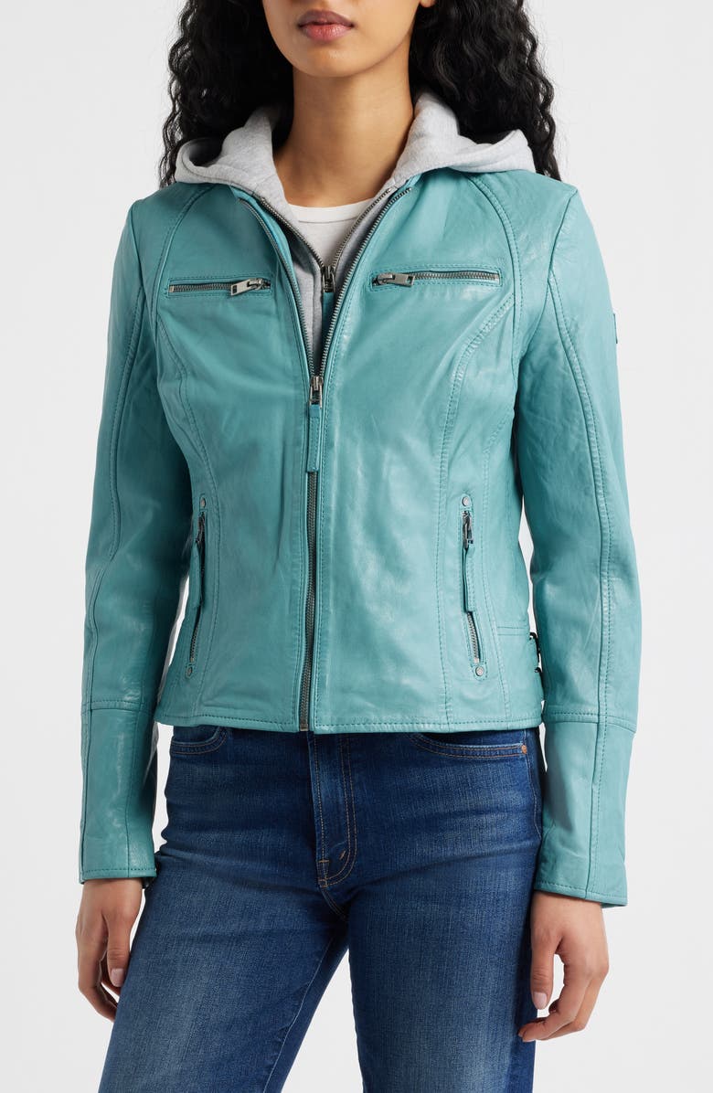 MAURITIUS Nola Leather Jacket with Removable Hoodie, Alternate, color, Light Turquoise