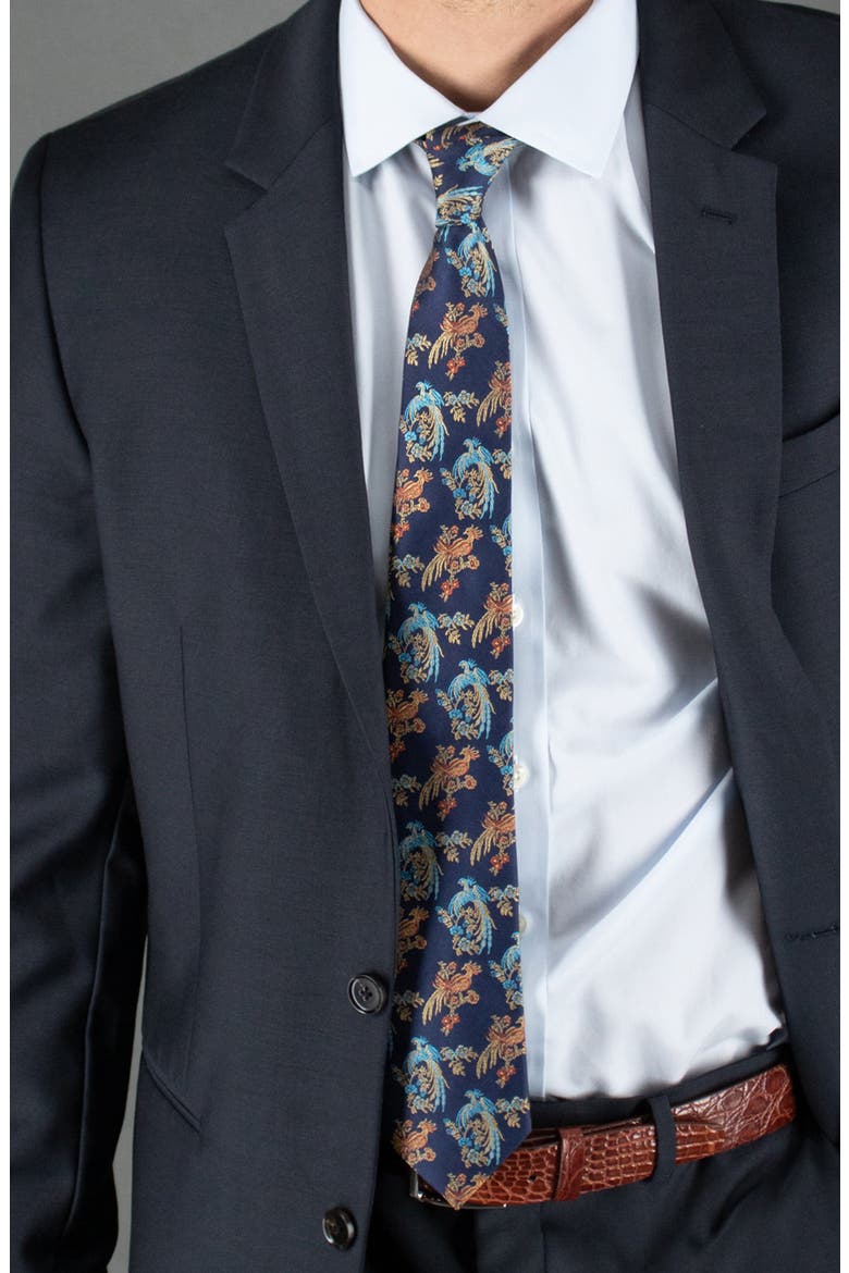 Birds of Prosperity Silk Tie, Alternate, color, NAVY