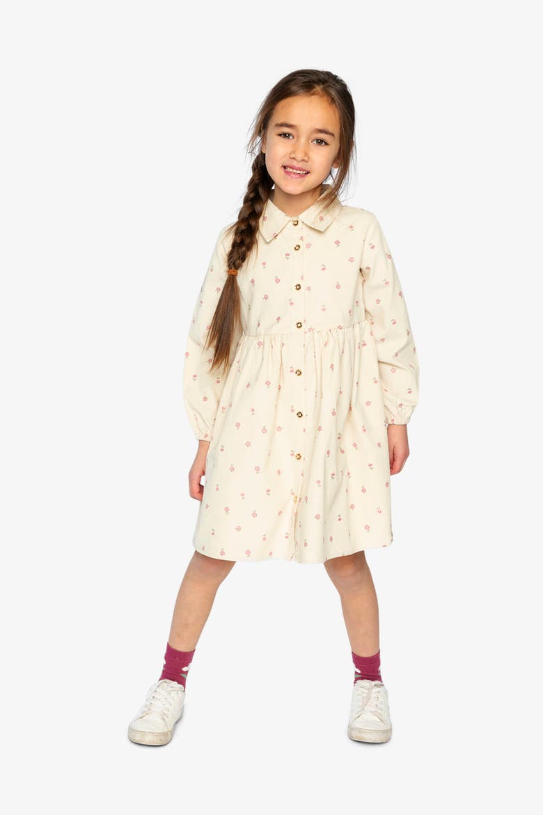 Corduroy Button Front Puff Sleeve Shirt Dress, Alternate, color, Beige Floral Print