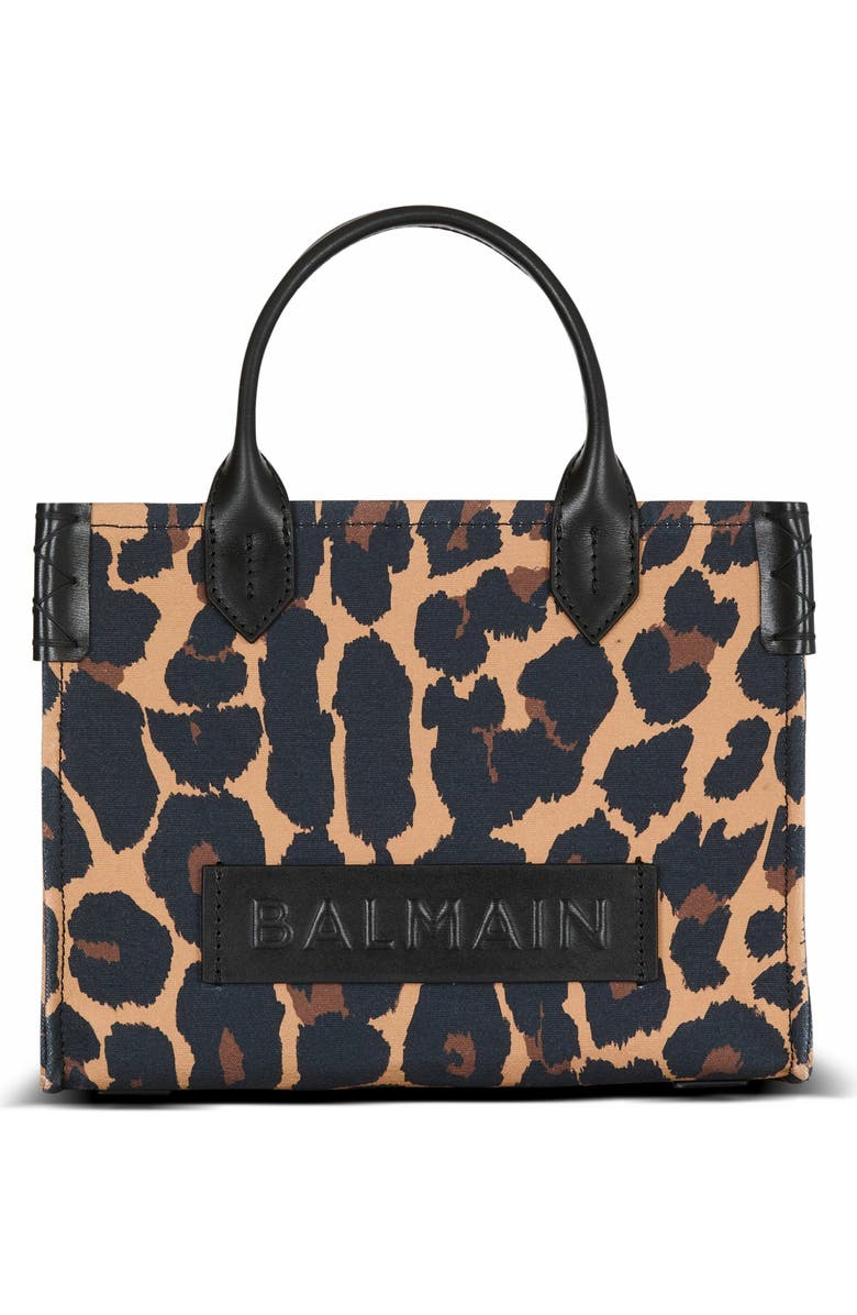Balmain B-Army Small Leopard Print Canvas Tote Bag, Main, color, Brown