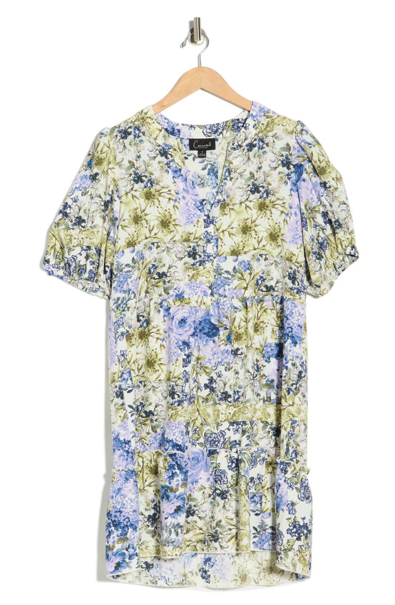 Connected Apparel Floral Puff Sleeve Tiered Dress, Alternate, color, Moss