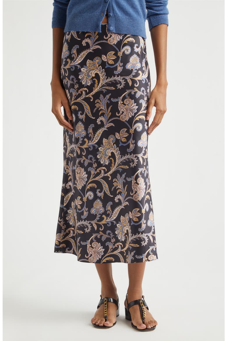 Clover Bias Cut Silk Blend Skirt, Main, color, BLACK MULTI