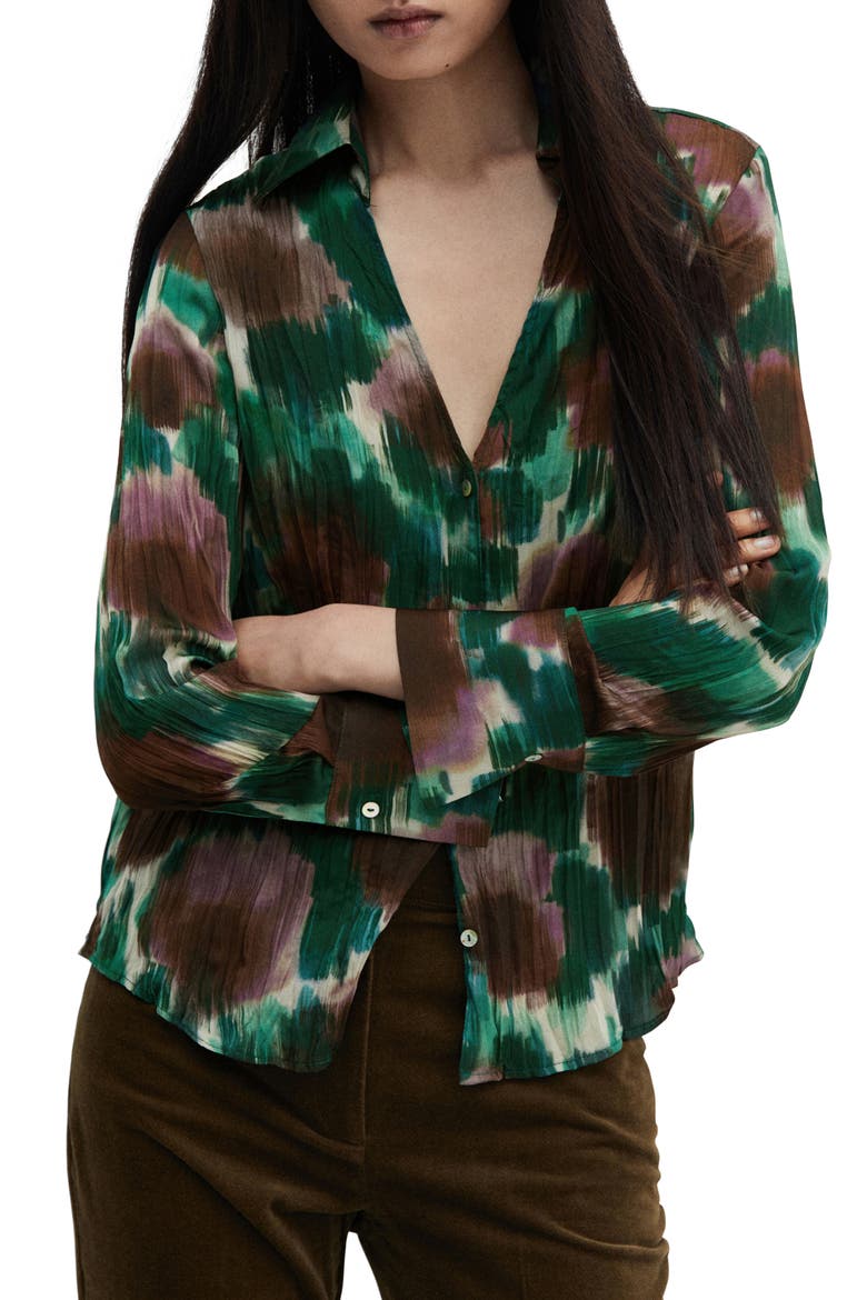 Abstract Print Long Sleeve Button-Up Top, Main, color, GREEN