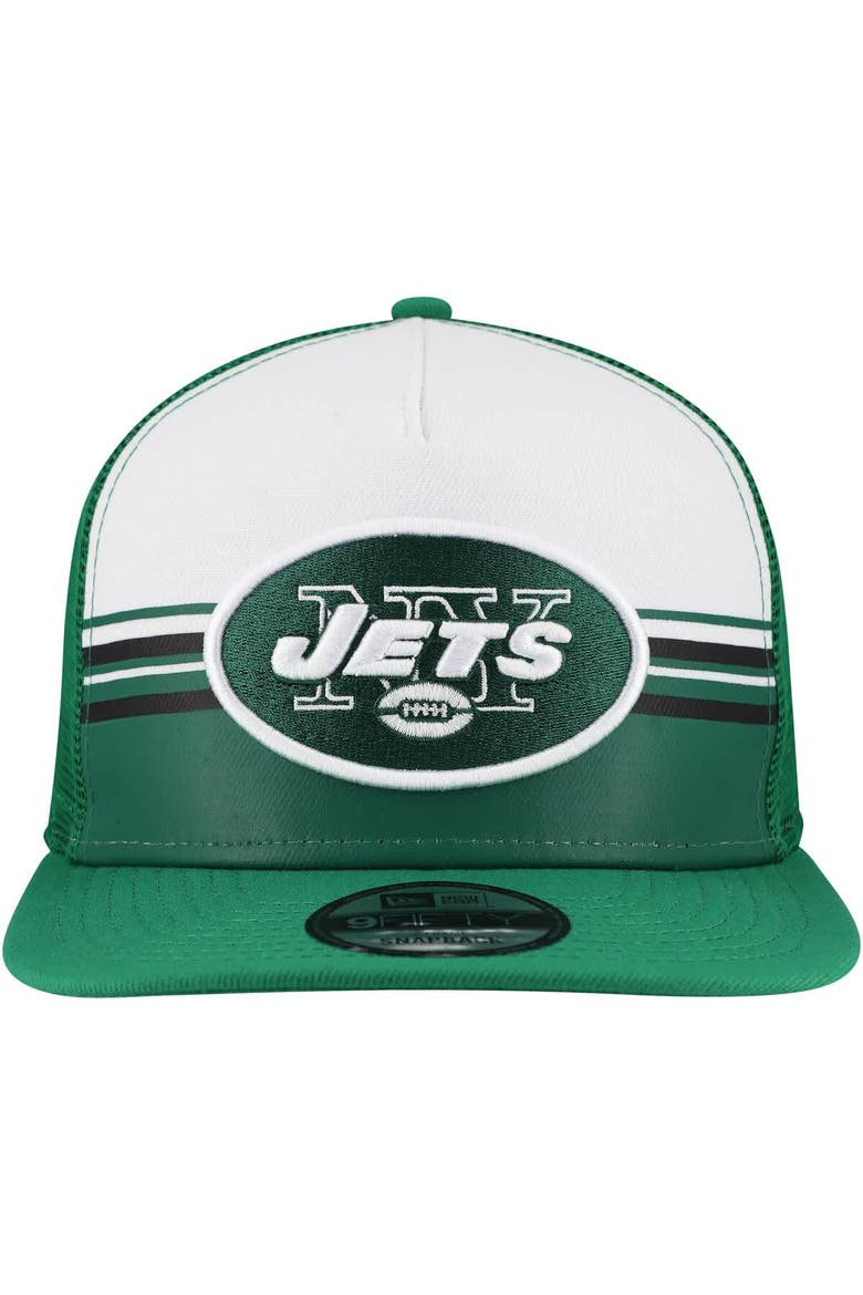 Men's New Era White/Green New York Jets Striped A-Frame 9FIFTY Adjustable Trucker Snapback Hat, Alternate, color, White