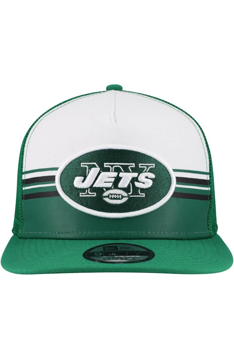 New Era Men's New Era White/Green New York Jets Striped A-Frame 9FIFTY Adjustable Trucker Snapback Hat, Alternate, color, White