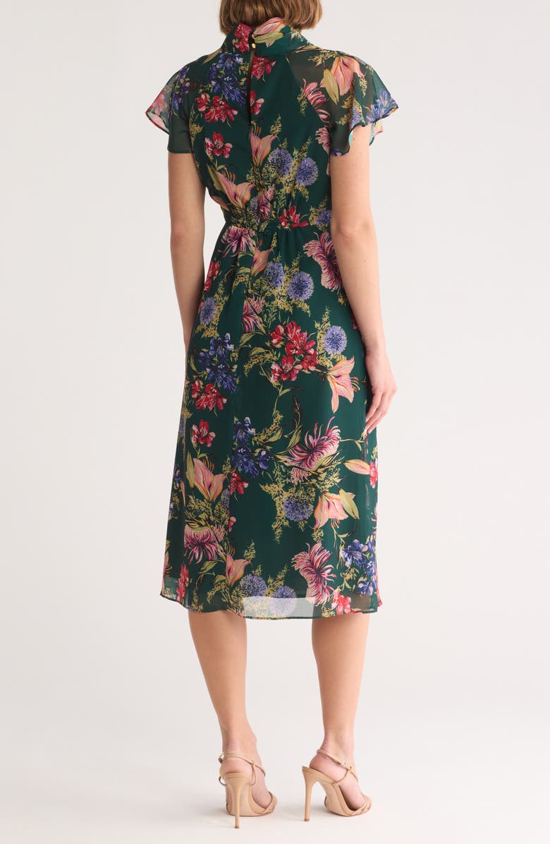 Vince Camuto Floral Short Sleeve Chiffon Midi Dress, Alternate, color, Hunter