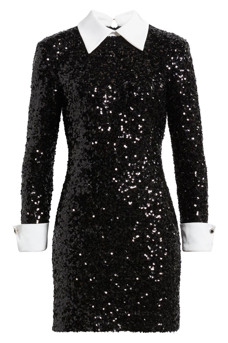 Collared Long Sleeve Sequin Minidress, Alternate, color, BLACK WHITE