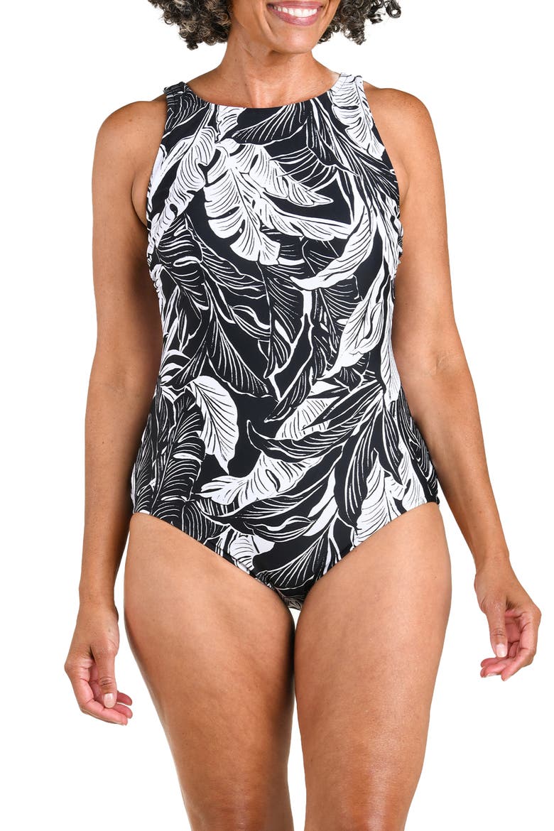 High Neck One-Piece Swimsuit, Main, color, BLACK